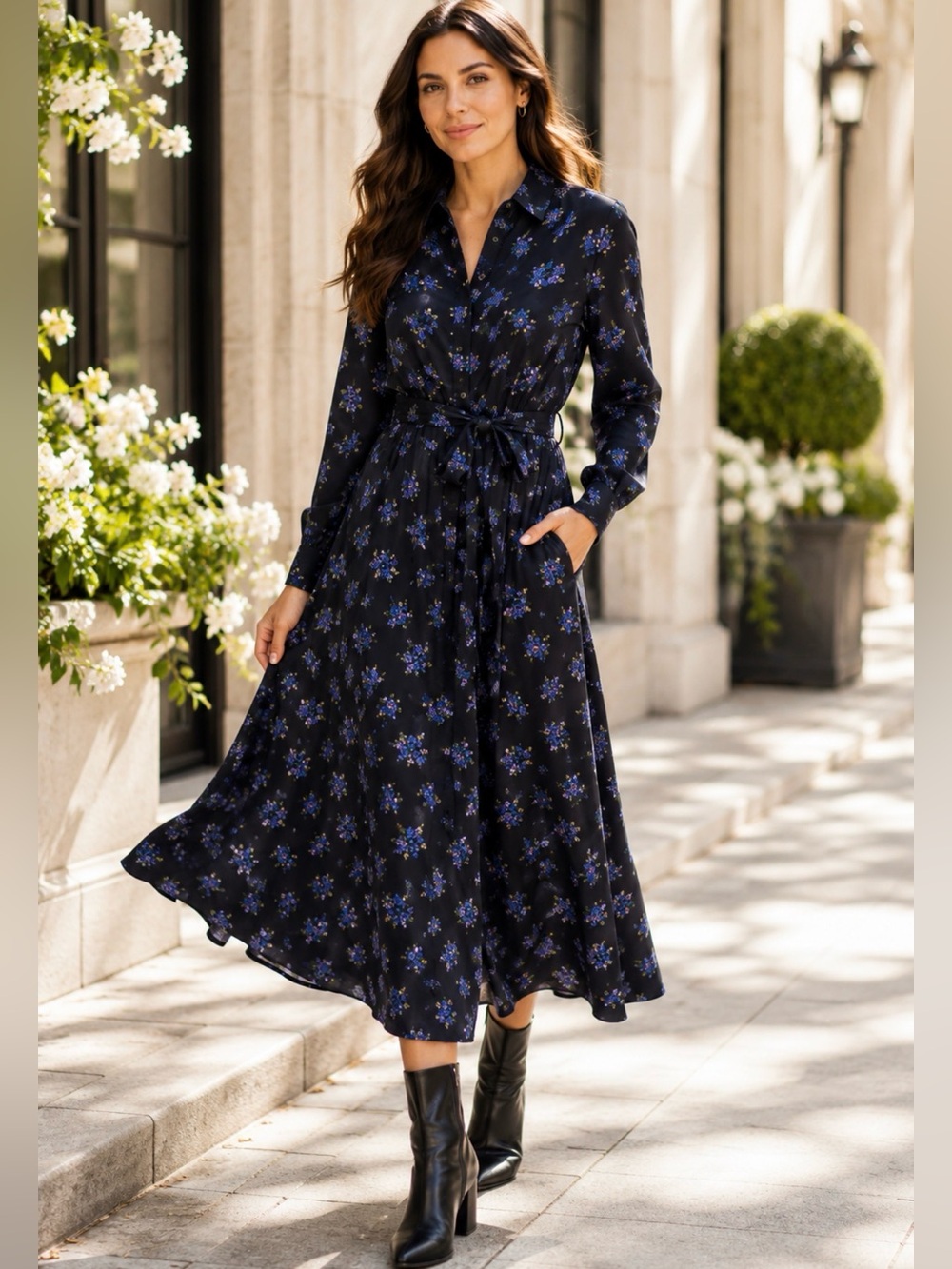 Halogen Floral Maxi Shirt Dress Size M Black Blue Belted Long Sleeve